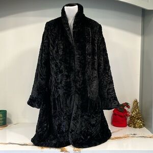 Dennis Basso Mid Length Faux Fur Coat Black hook closure size S